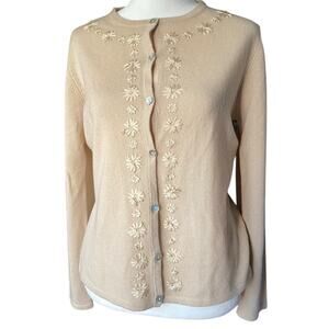 Vtg Mendocino Cashmere Cardigan Sweater Women S Tan Fitted Beaded Embroidered